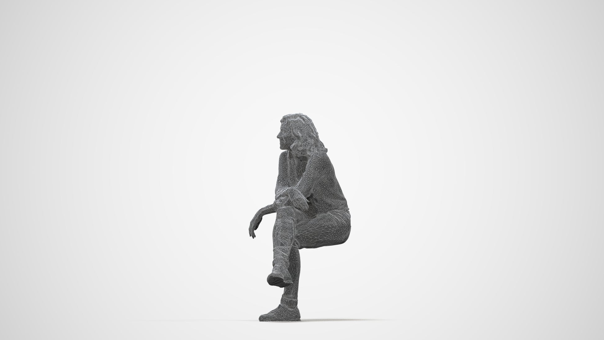 photogrammetry 3D woman casual sitting, realistic human model archviz FBX, wireframe back view