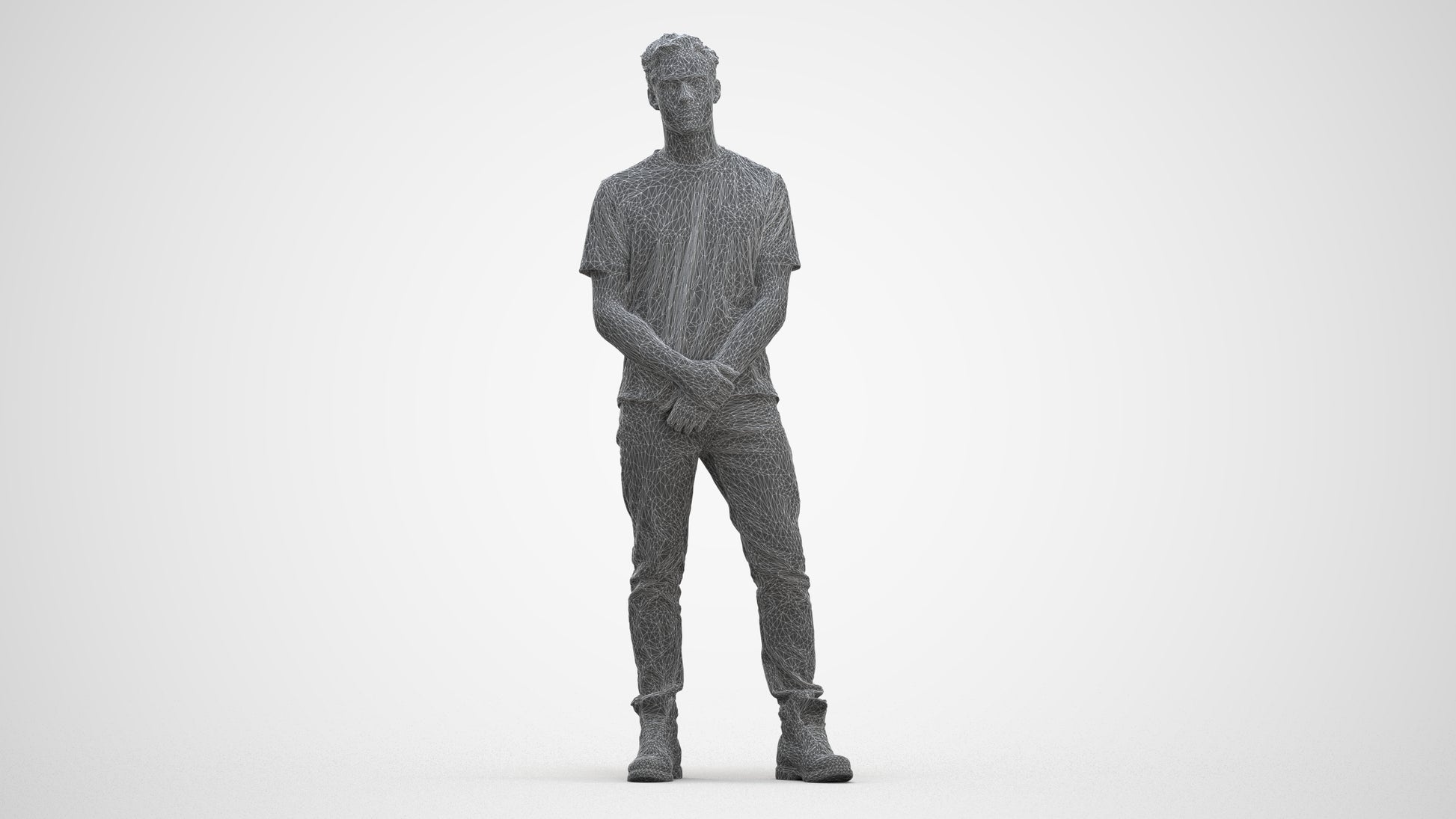 3D human model man casual standing, photogrammetry scanned person for archviz, three-quarter front view render