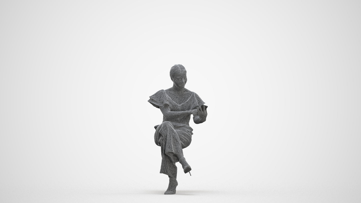 3D scanned woman sitting business, photorealistic archviz people for Enscape and SketchUp, three-quarter front view render