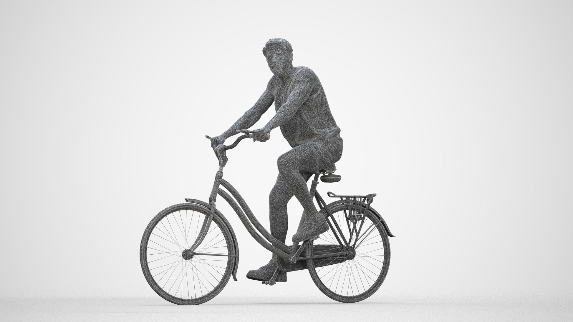 3D scanned man cycling, photorealistic archviz people for Enscape and SketchUp, wireframe back view