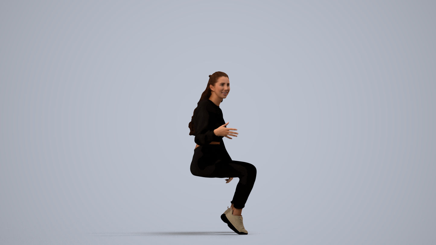 3D people model woman sport sitting, scanned human for 3ds Max rendering, side view render