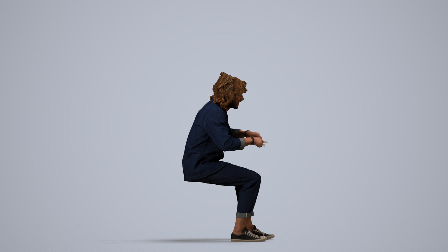 realistic 3D man casual sitting, scanned archviz people for Blender and 3ds Max, side view render