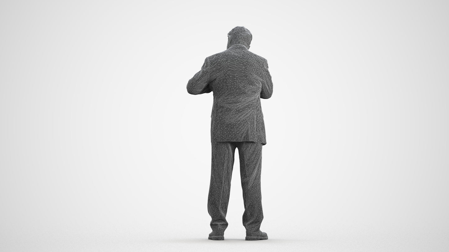 realistic 3D senior man business standing, scanned archviz people for Blender and 3ds Max, wireframe front view