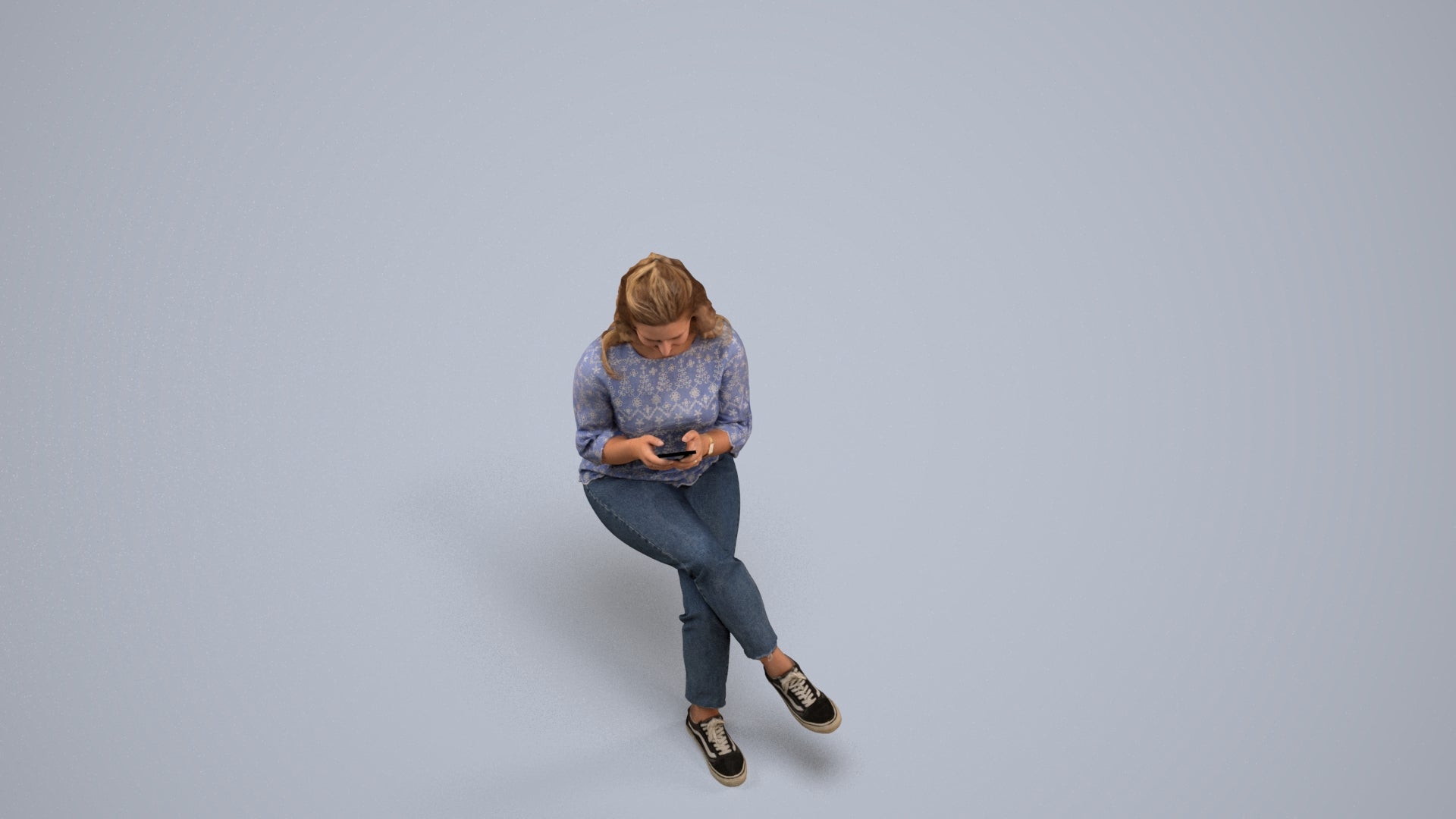 realistic 3D human woman casual sitting, archviz people FBX OBJ for Blender, back view render