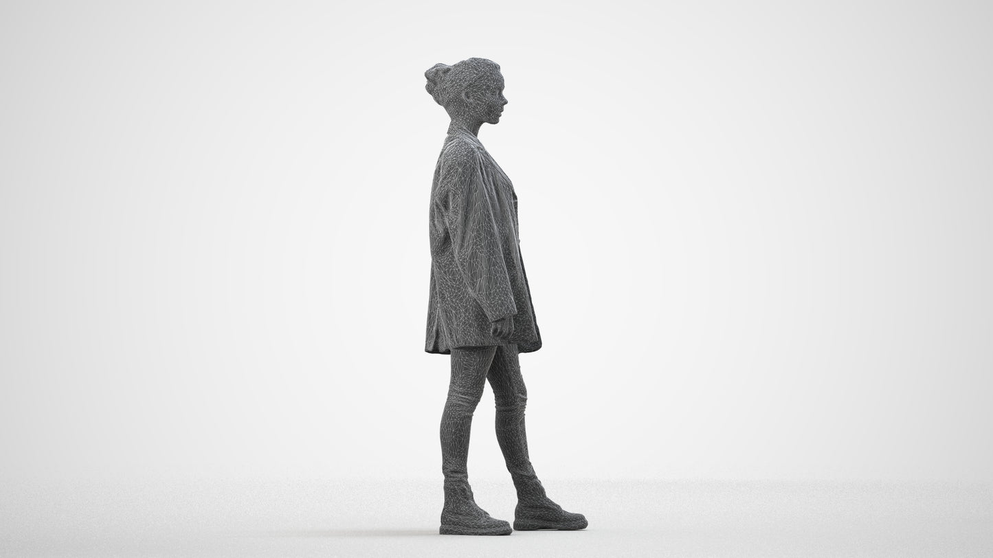 3D human model woman casual mix, photogrammetry scanned person for archviz, wireframe side view