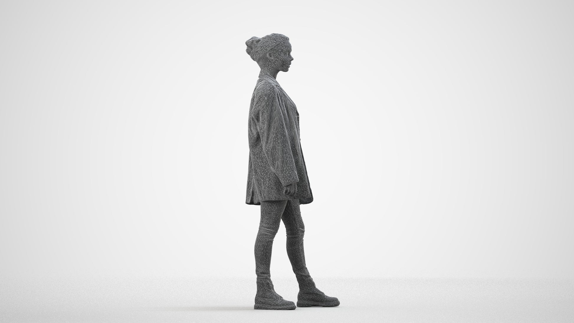 3D human model woman casual mix, photogrammetry scanned person for archviz, wireframe side view