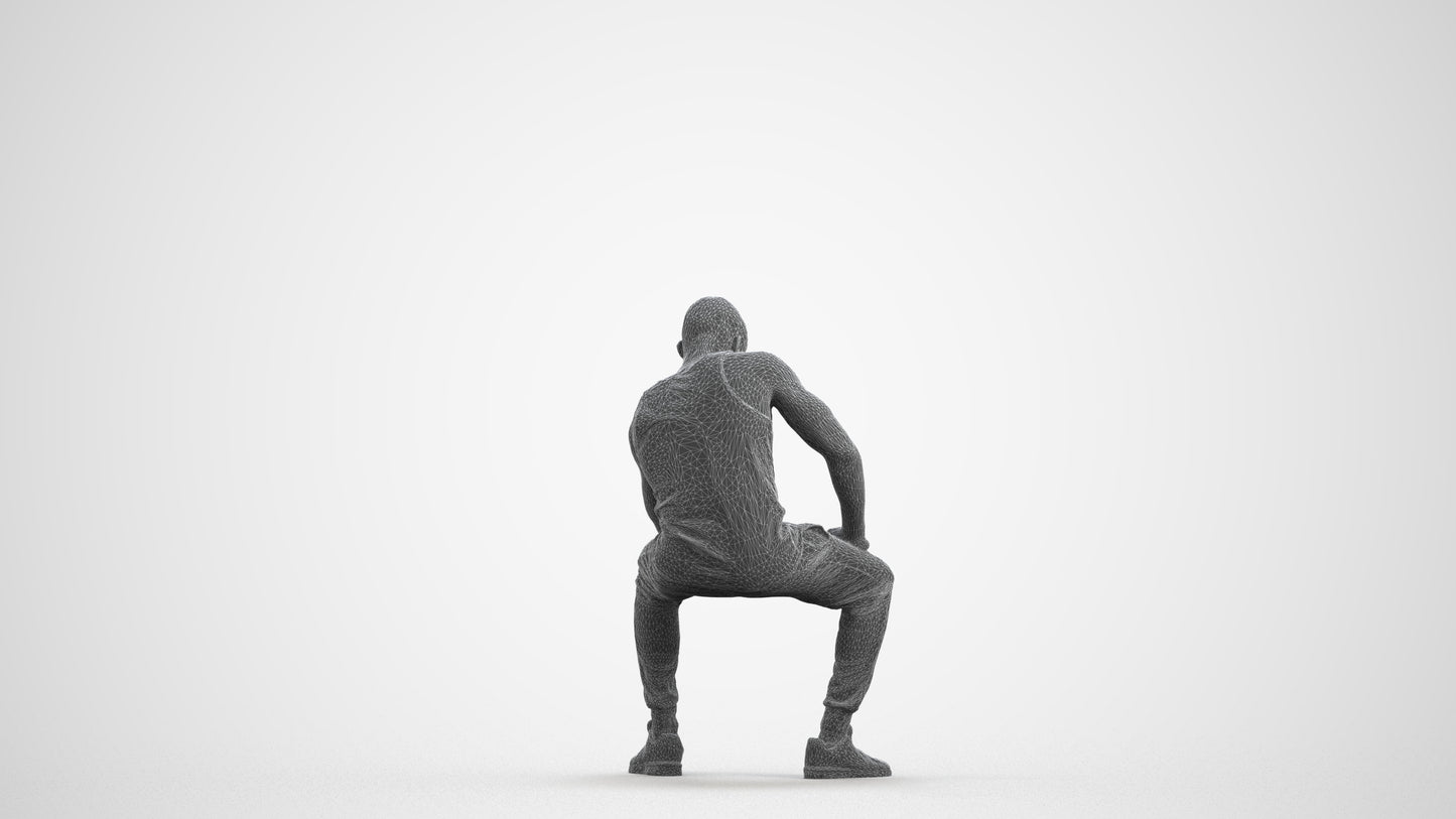 3D human model man casual sitting, photogrammetry scanned person for archviz, wireframe front view