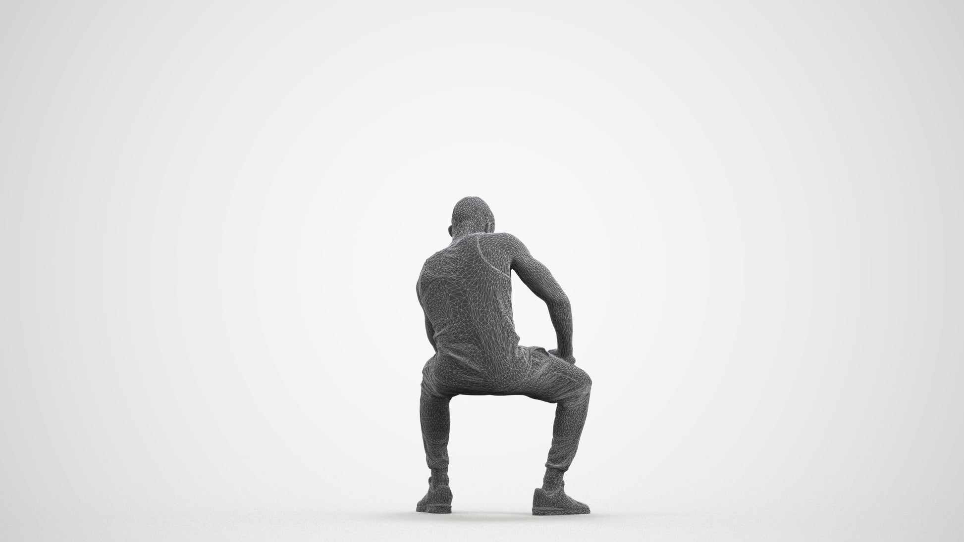 3D human model man casual sitting, photogrammetry scanned person for archviz, wireframe front view