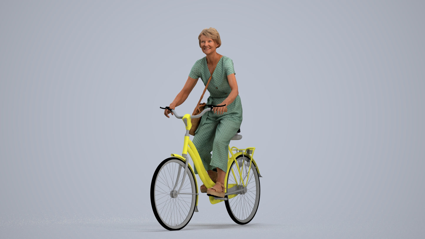 3D scanned senior woman cycling casual, photorealistic archviz people for Enscape and SketchUp, standing pose render