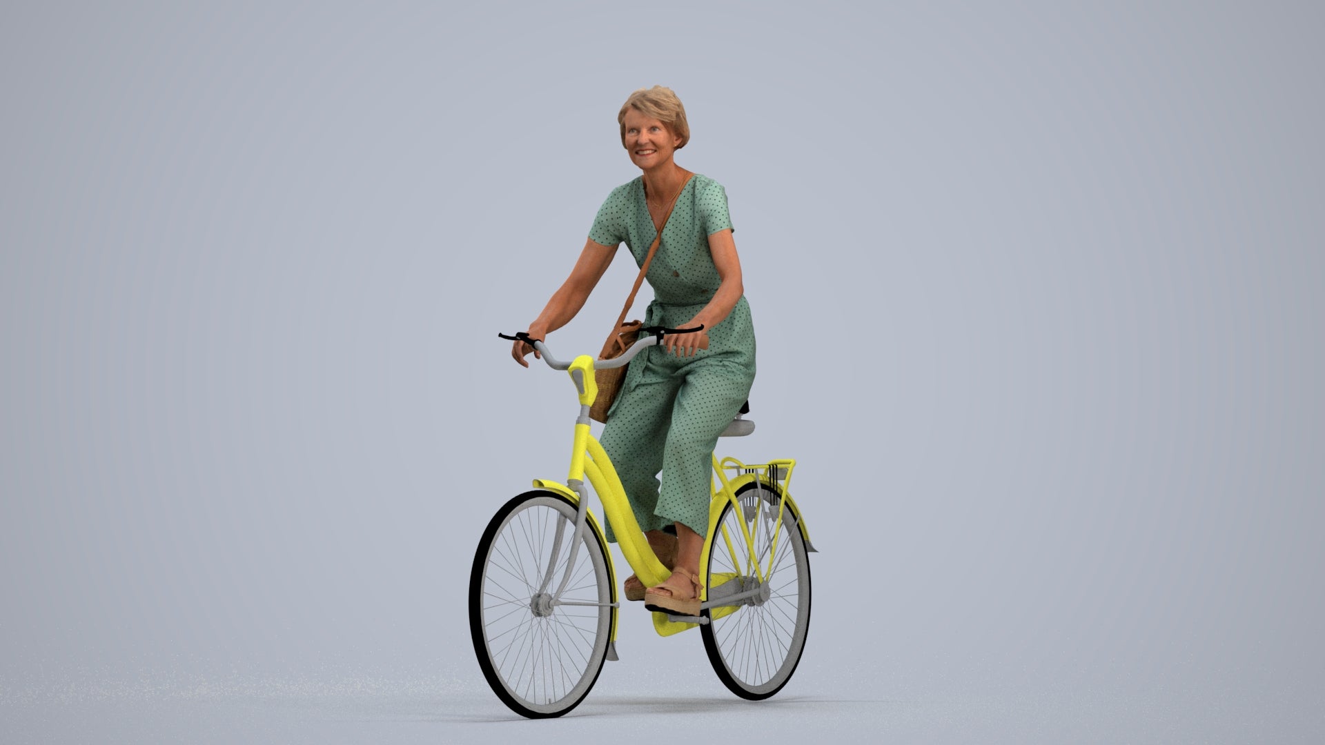 3D scanned senior woman cycling casual, photorealistic archviz people for Enscape and SketchUp, standing pose render