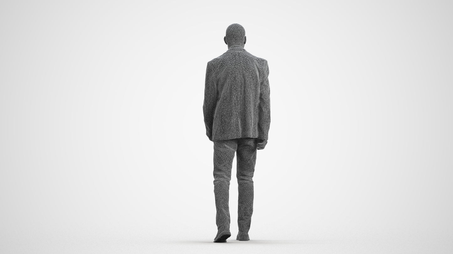 3D human model senior man business, photogrammetry scanned person for archviz, wireframe front view
