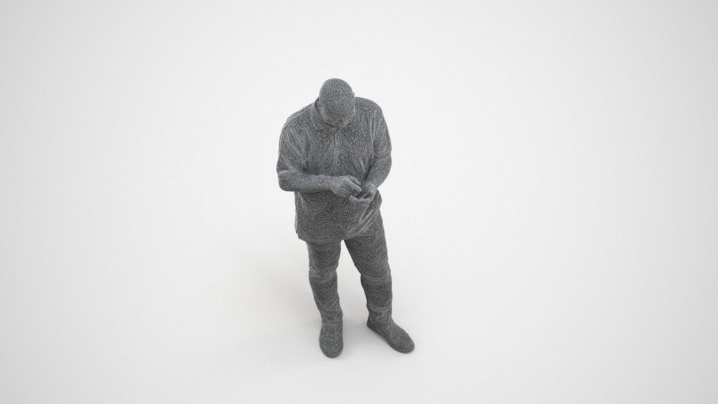 3D human model man casual standing, photogrammetry scanned person for archviz, wireframe three-quarter view
