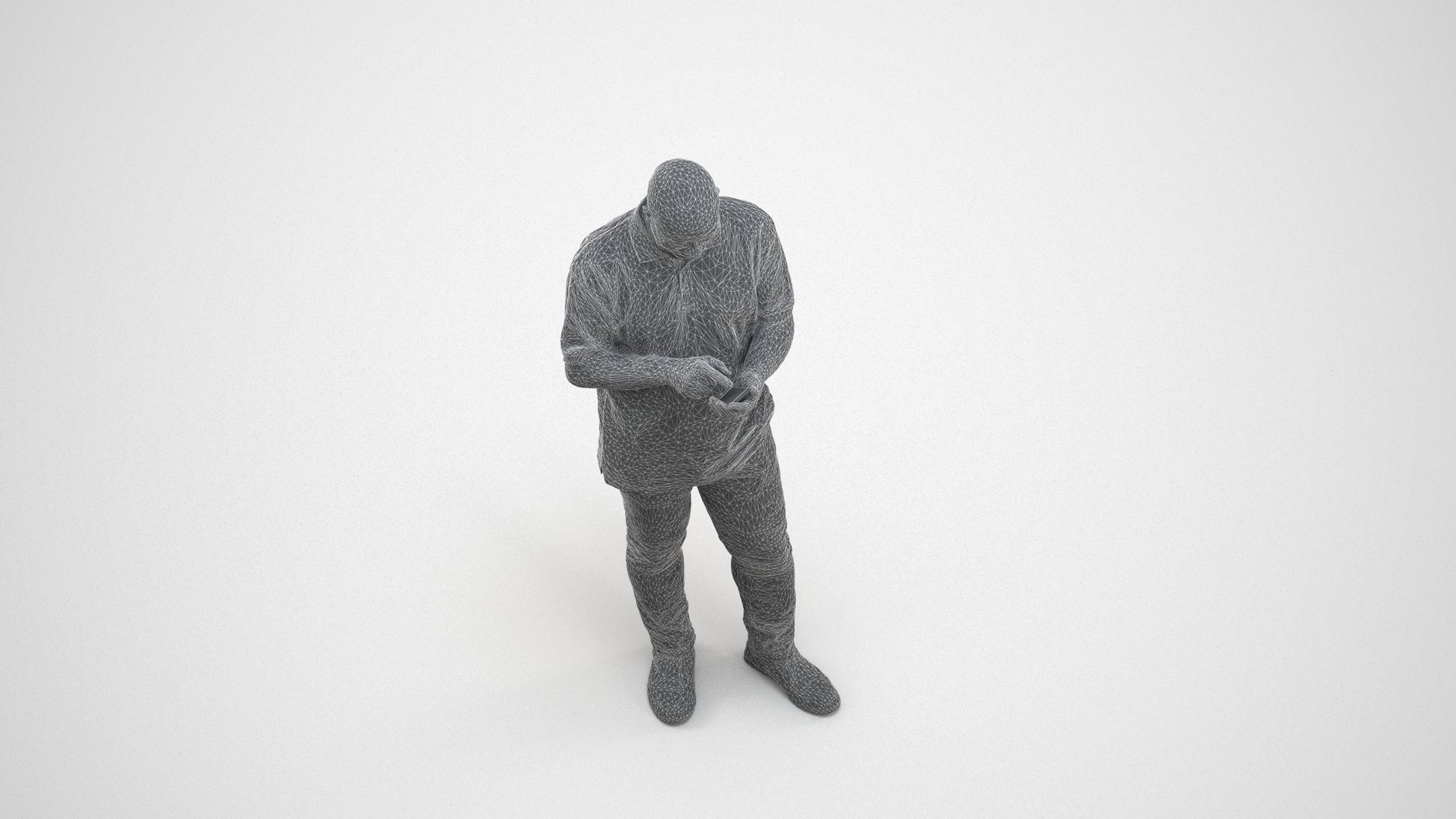 3D human model man casual standing, photogrammetry scanned person for archviz, wireframe three-quarter view