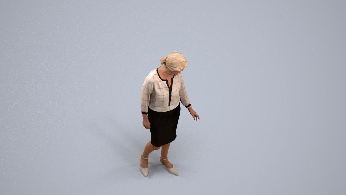 3D human model senior woman business standing, photogrammetry scanned person for archviz, back view render