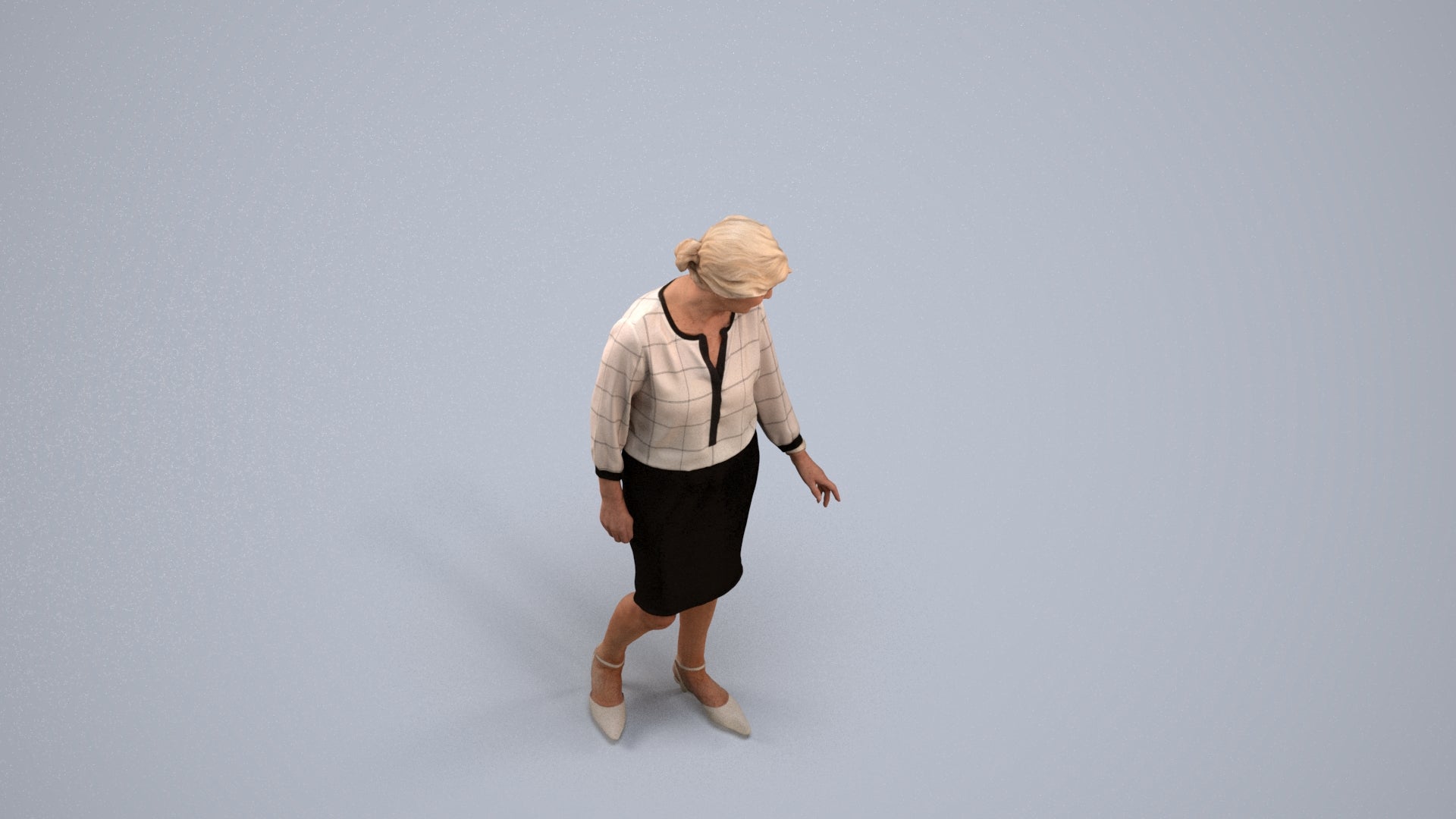 3D human model senior woman business standing, photogrammetry scanned person for archviz, back view render