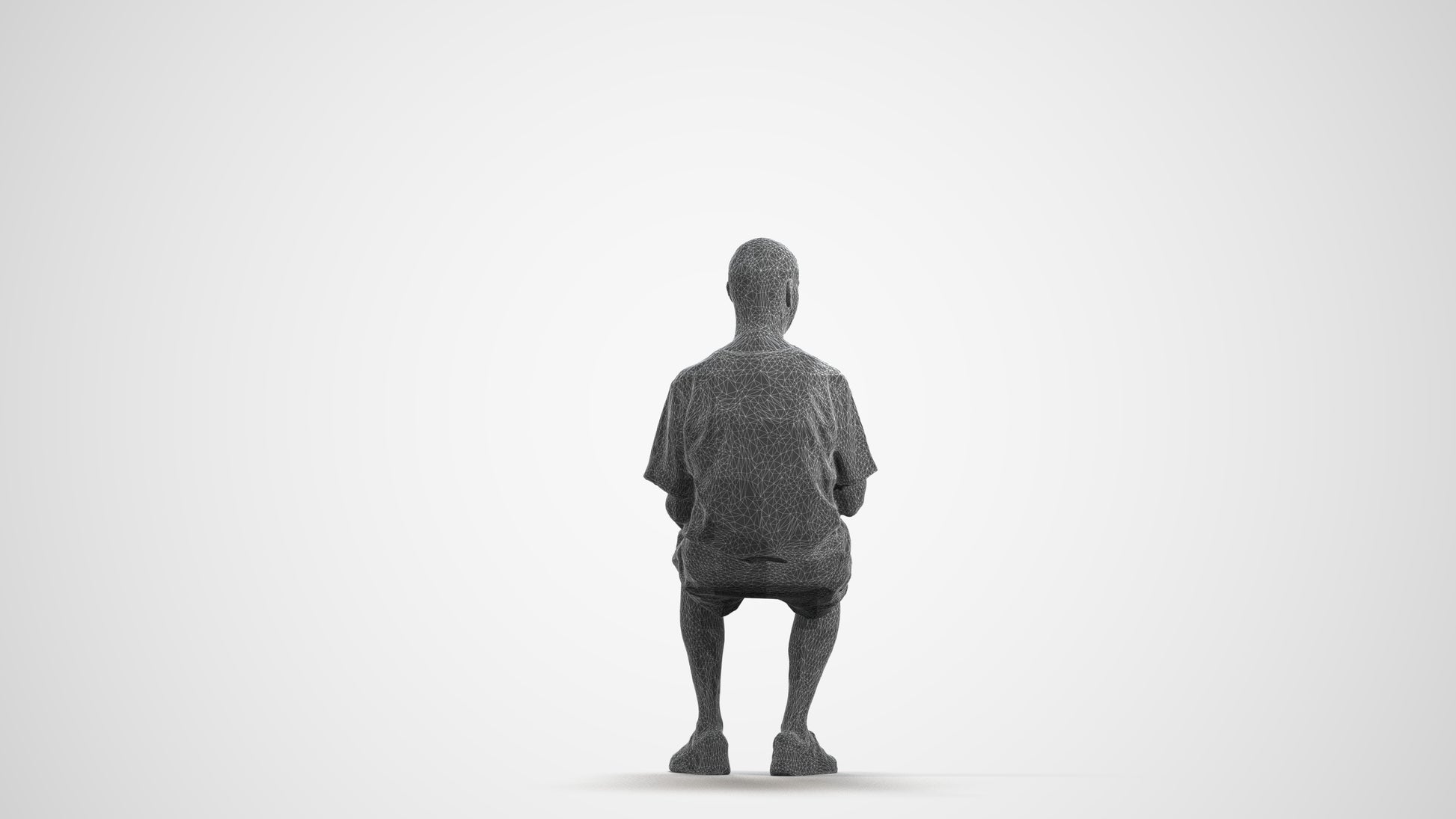 3D human model senior man casual sitting, photogrammetry scanned person for archviz, wireframe front view
