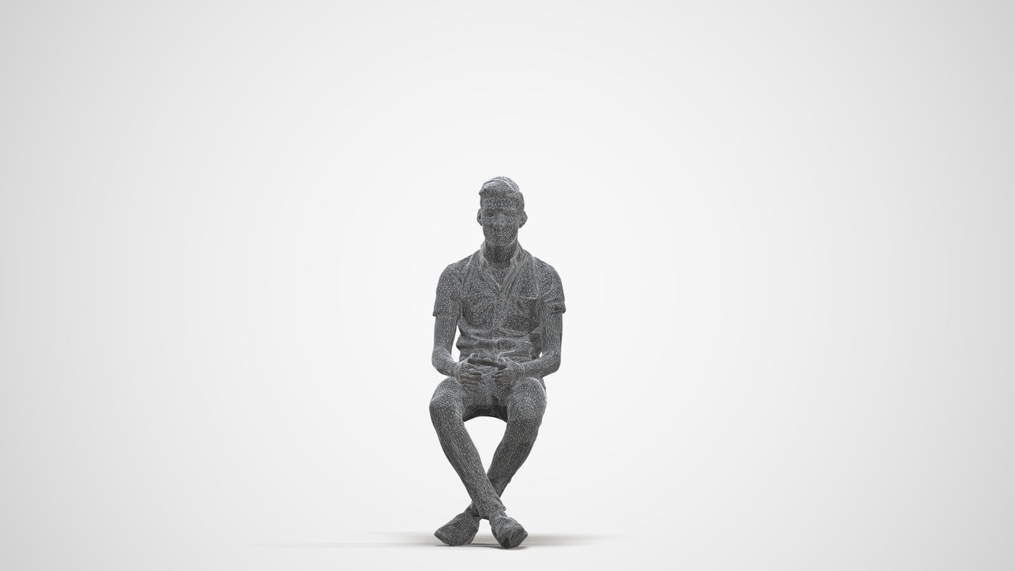 realistic 3D human man casual sitting, archviz people FBX OBJ for Blender, three-quarter front view render