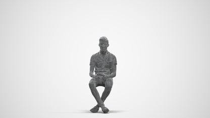 realistic 3D human man casual sitting, archviz people FBX OBJ for Blender, three-quarter front view render