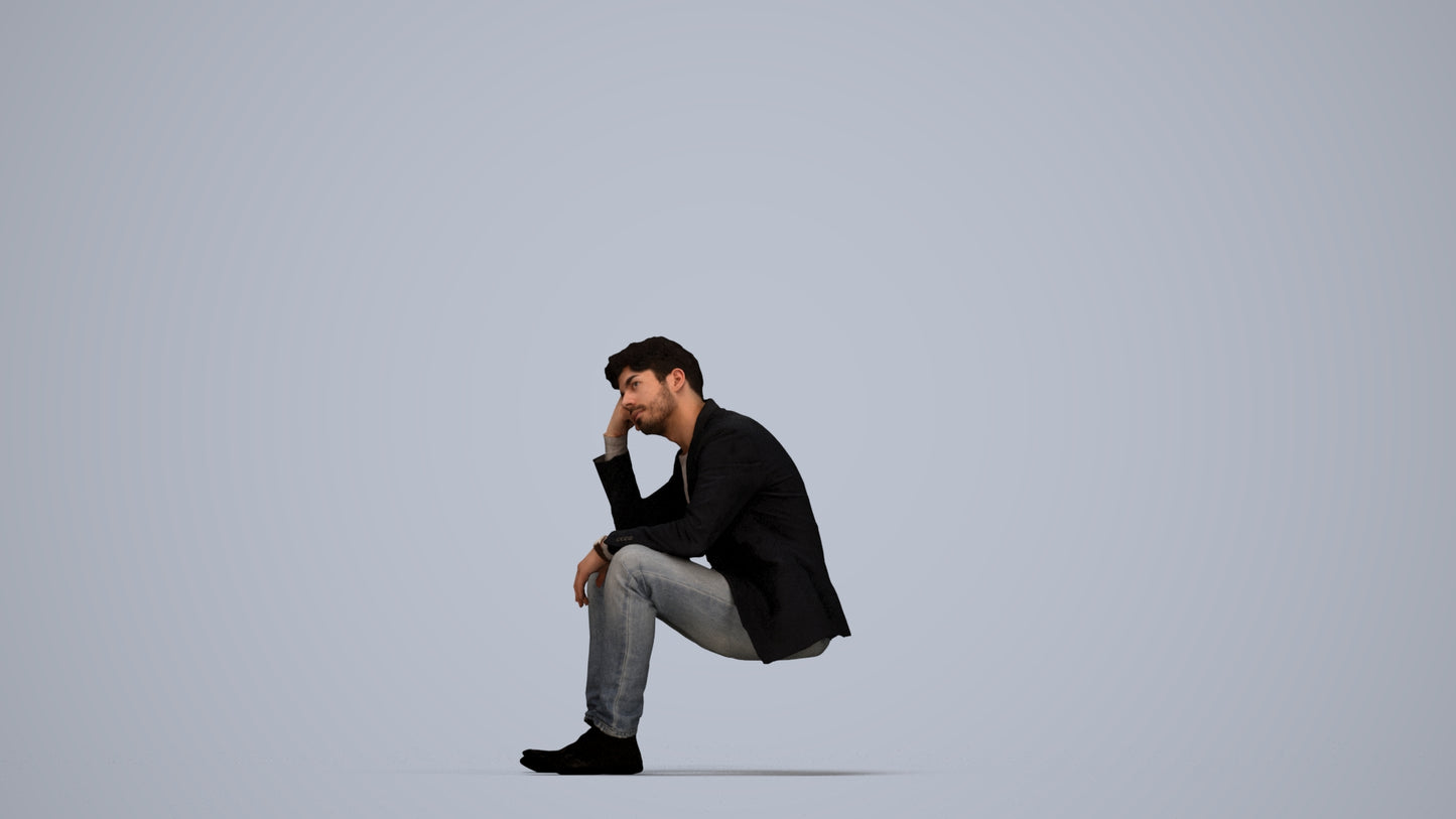 3D human model man casual business, photogrammetry scanned person for archviz, top-down view render