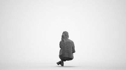 3D human model woman casual sitting, photogrammetry scanned person for archviz, wireframe front view