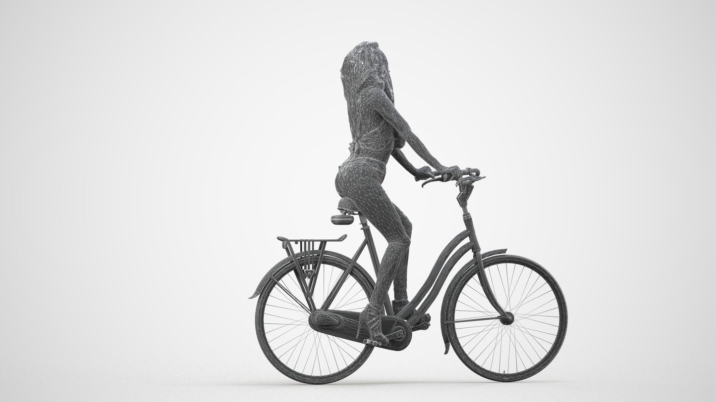 3D scanned woman cycling casual, photorealistic archviz people for Enscape and SketchUp, wireframe side view