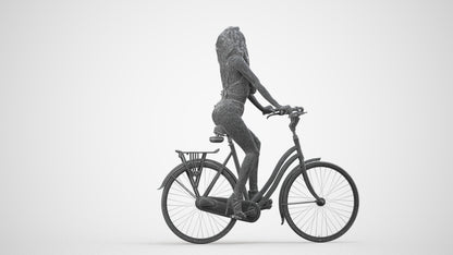 3D scanned woman cycling casual, photorealistic archviz people for Enscape and SketchUp, wireframe side view