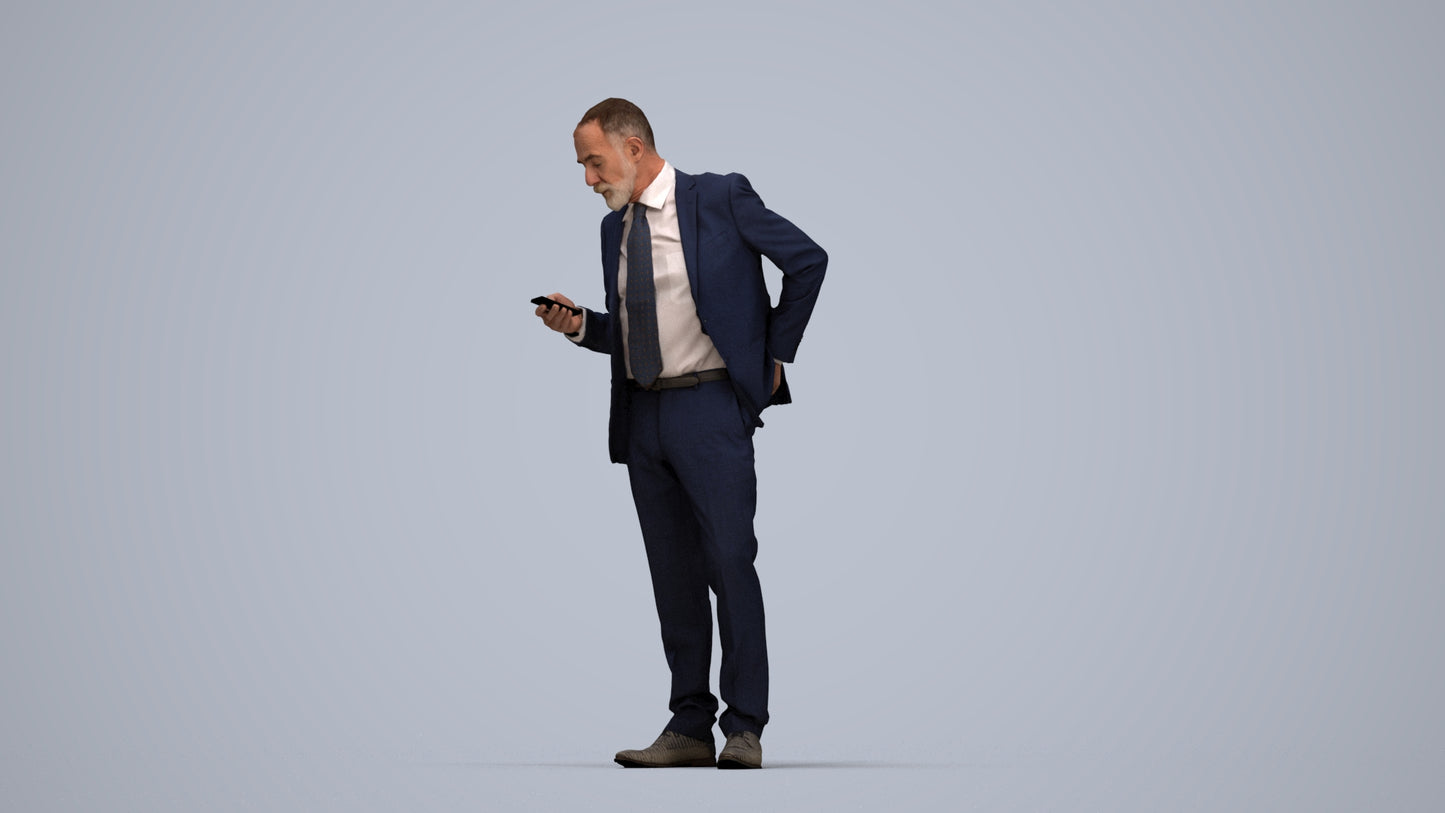 realistic 3D senior man business, scanned archviz people for Blender and 3ds Max, top-down view render