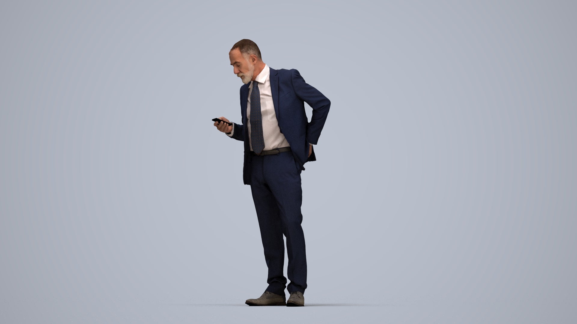 realistic 3D senior man business, scanned archviz people for Blender and 3ds Max, top-down view render