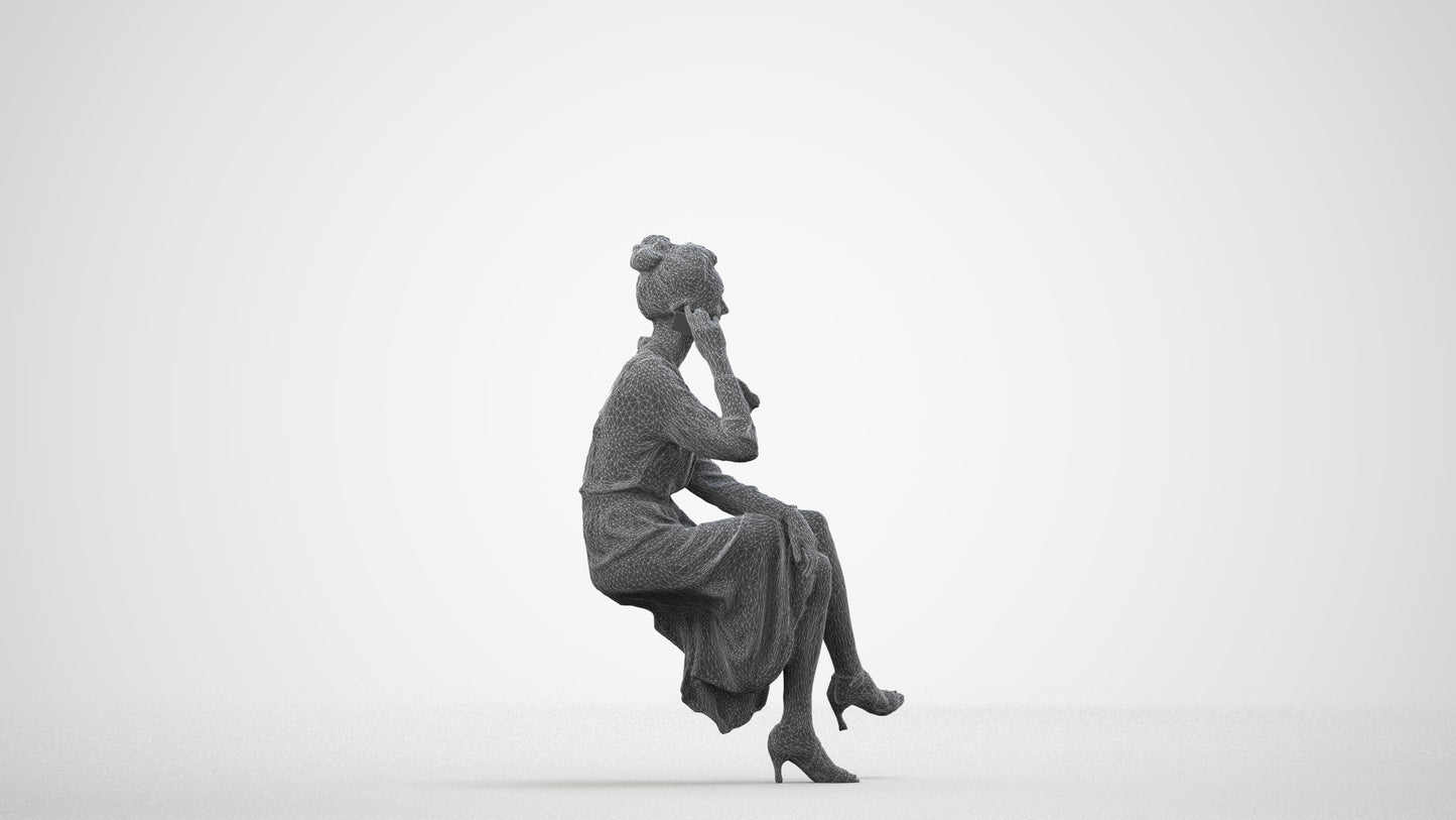 realistic 3D woman casual sitting, scanned archviz people for Blender and 3ds Max, wireframe side view