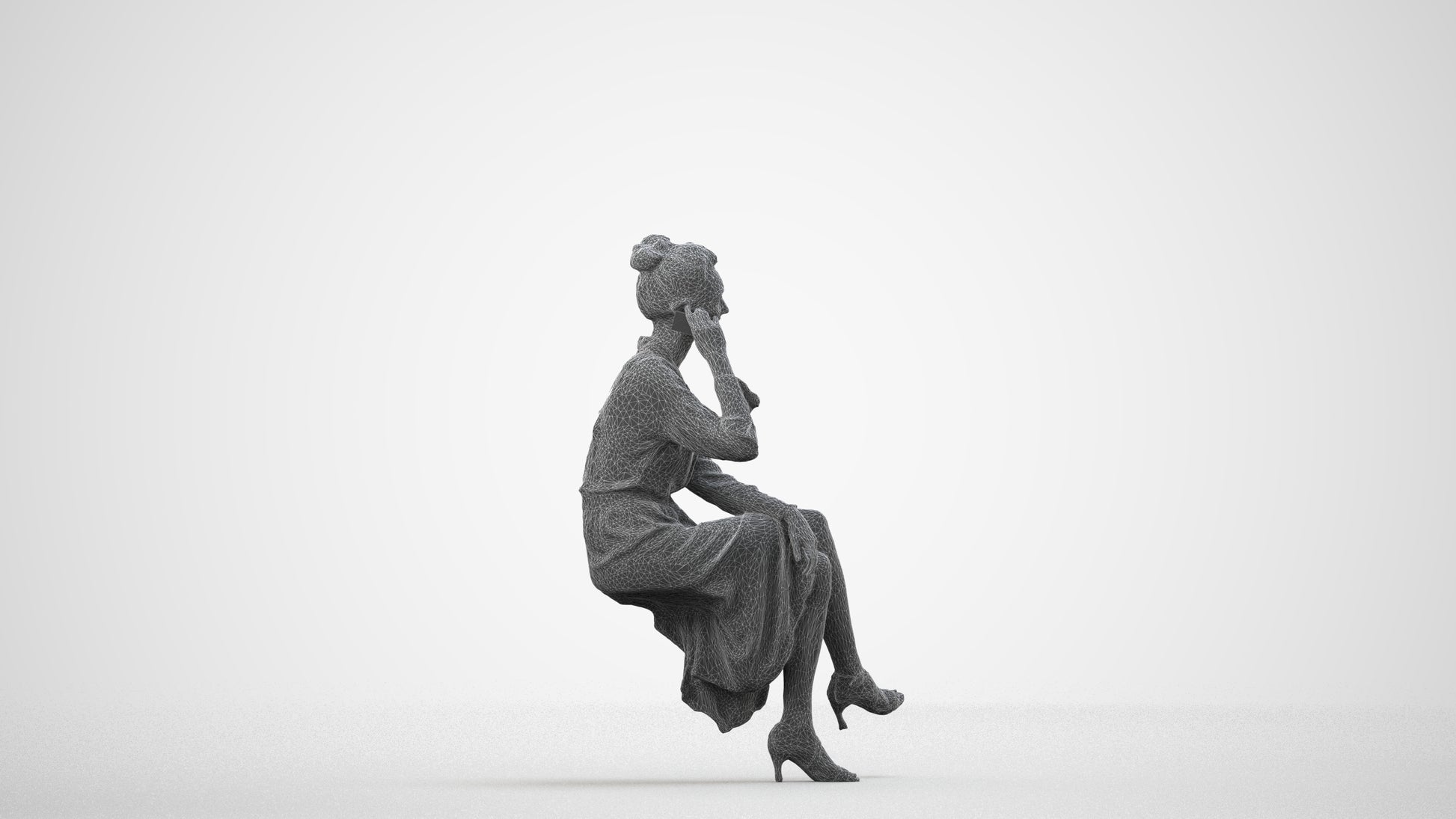 realistic 3D woman casual sitting, scanned archviz people for Blender and 3ds Max, wireframe side view