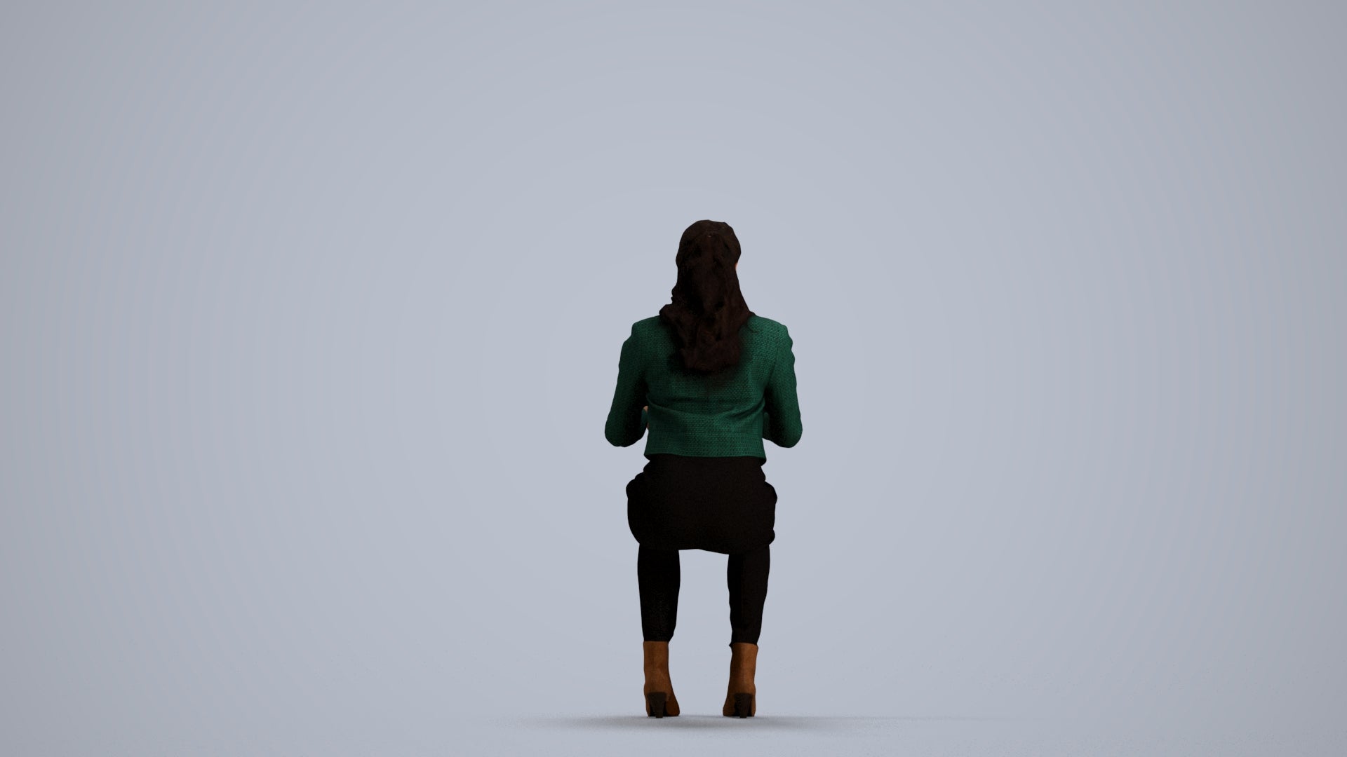 3D human model woman business sitting, photogrammetry scanned person for archviz, front view render