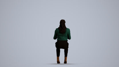 3D human model woman business sitting, photogrammetry scanned person for archviz, front view render