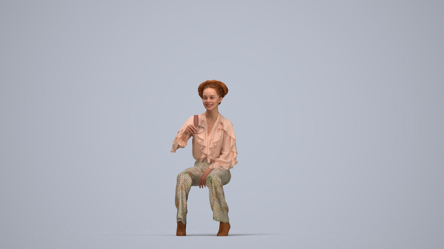 realistic 3D human woman casual sitting, archviz people FBX OBJ for Blender, top-down view render