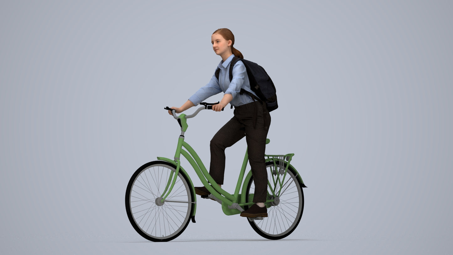 realistic 3D people girl business cycling, render-ready for V-Ray and Corona, FBX OBJ, top-down view render