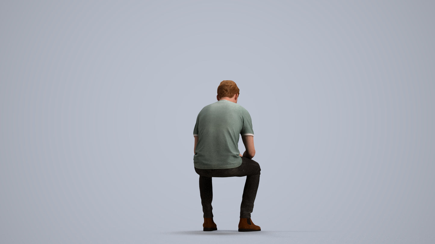 photogrammetry 3D man casual sitting, realistic human model archviz FBX, front view render