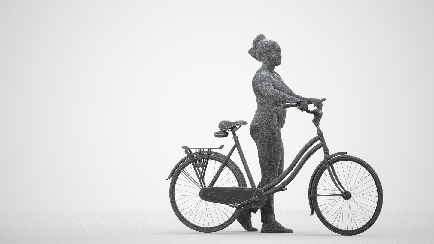realistic 3D woman casual cycling, scanned archviz people for Blender and 3ds Max, wireframe side view