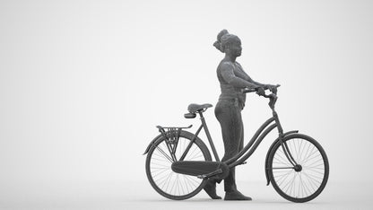 realistic 3D woman casual cycling, scanned archviz people for Blender and 3ds Max, wireframe side view