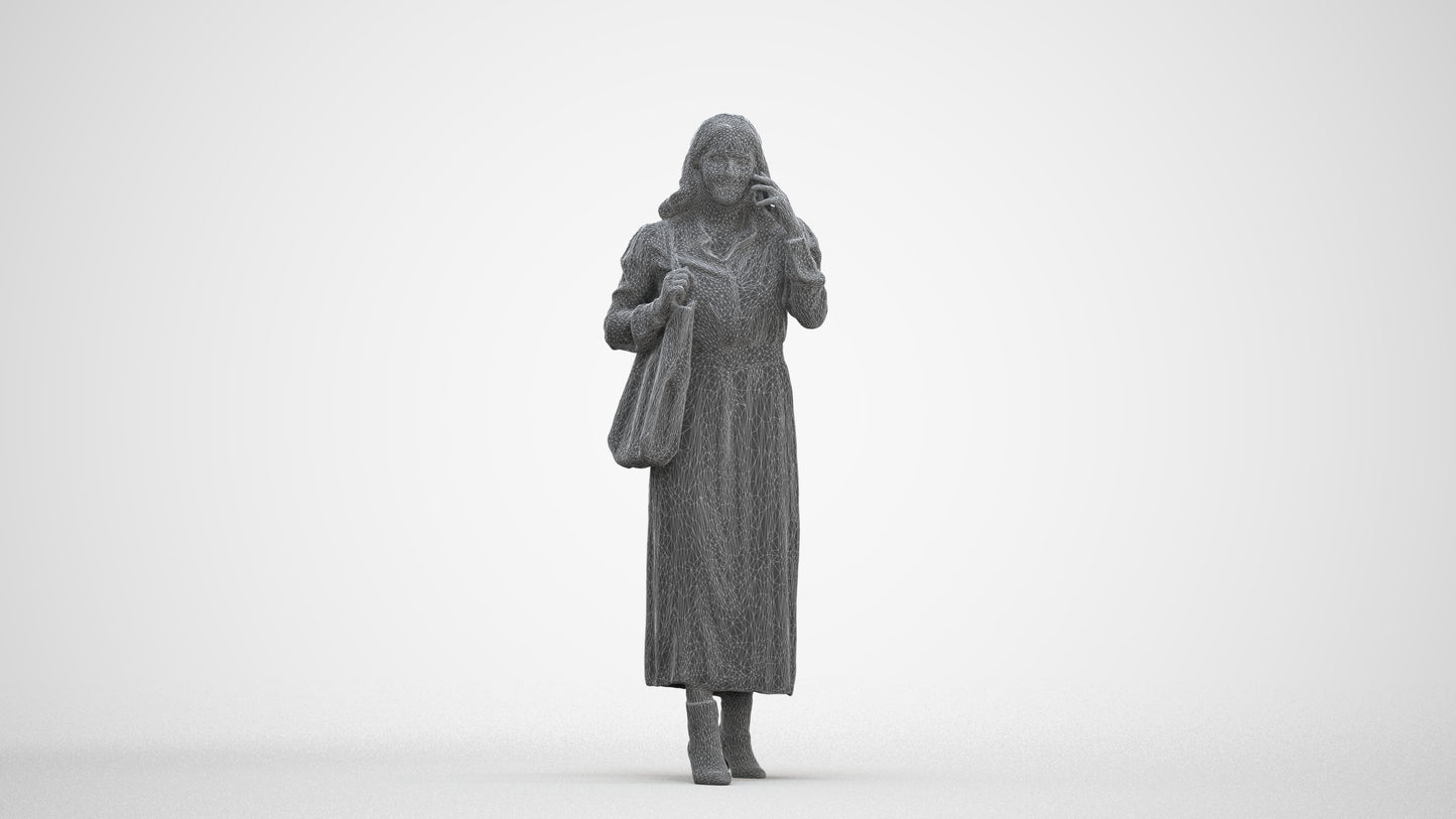 3D human model woman casual walking, photogrammetry scanned person for archviz, three-quarter front view render