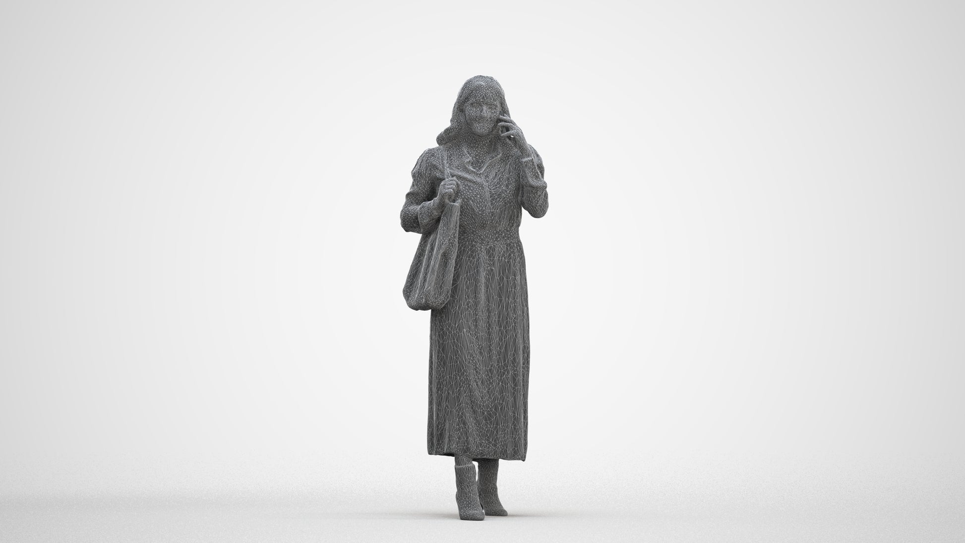 3D human model woman casual walking, photogrammetry scanned person for archviz, three-quarter front view render