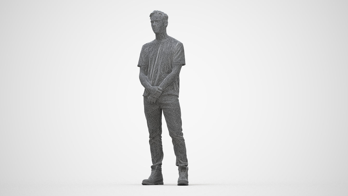 3D human model man casual standing, photogrammetry scanned person for archviz, wireframe back view