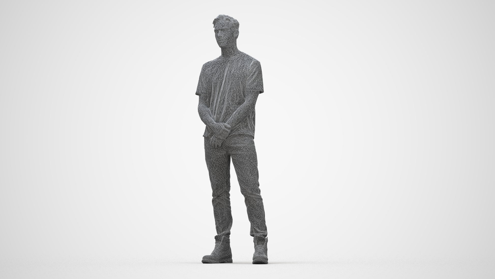 3D human model man casual standing, photogrammetry scanned person for archviz, wireframe back view
