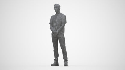 3D human model man casual standing, photogrammetry scanned person for archviz, wireframe back view