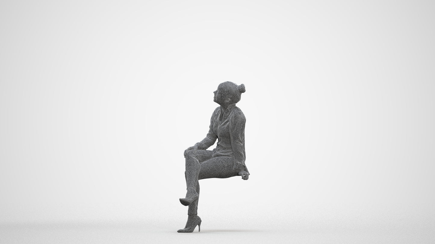 scanned 3D woman business sitting, photogrammetry people for Enscape and V-Ray, three-quarter front view render