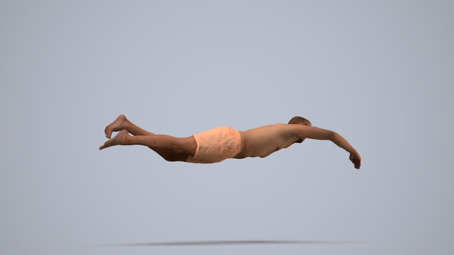 3D human model man sport pool, photogrammetry scanned person for archviz, side view render