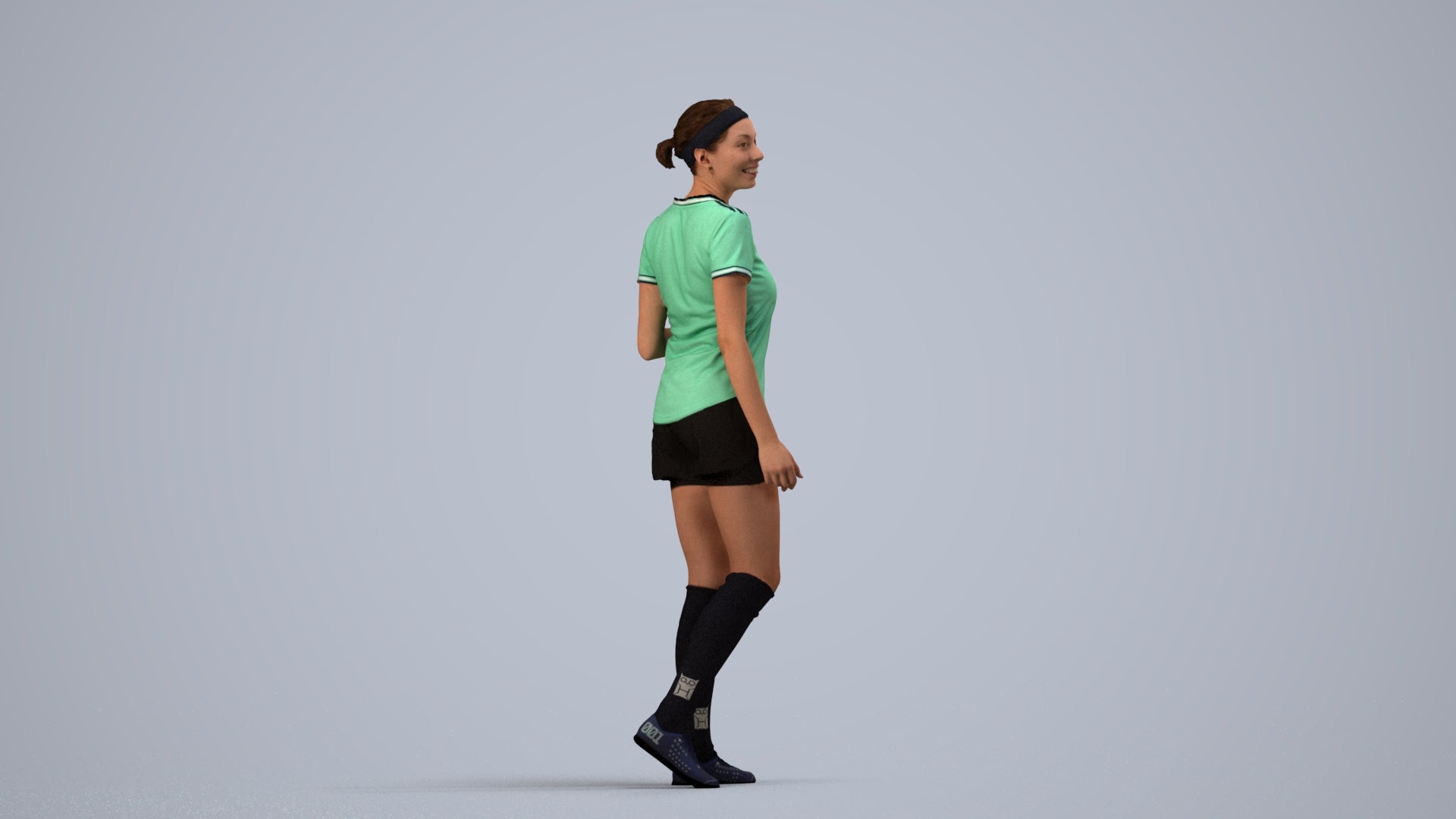 3D human model woman sport, photogrammetry scanned person for archviz, side view render