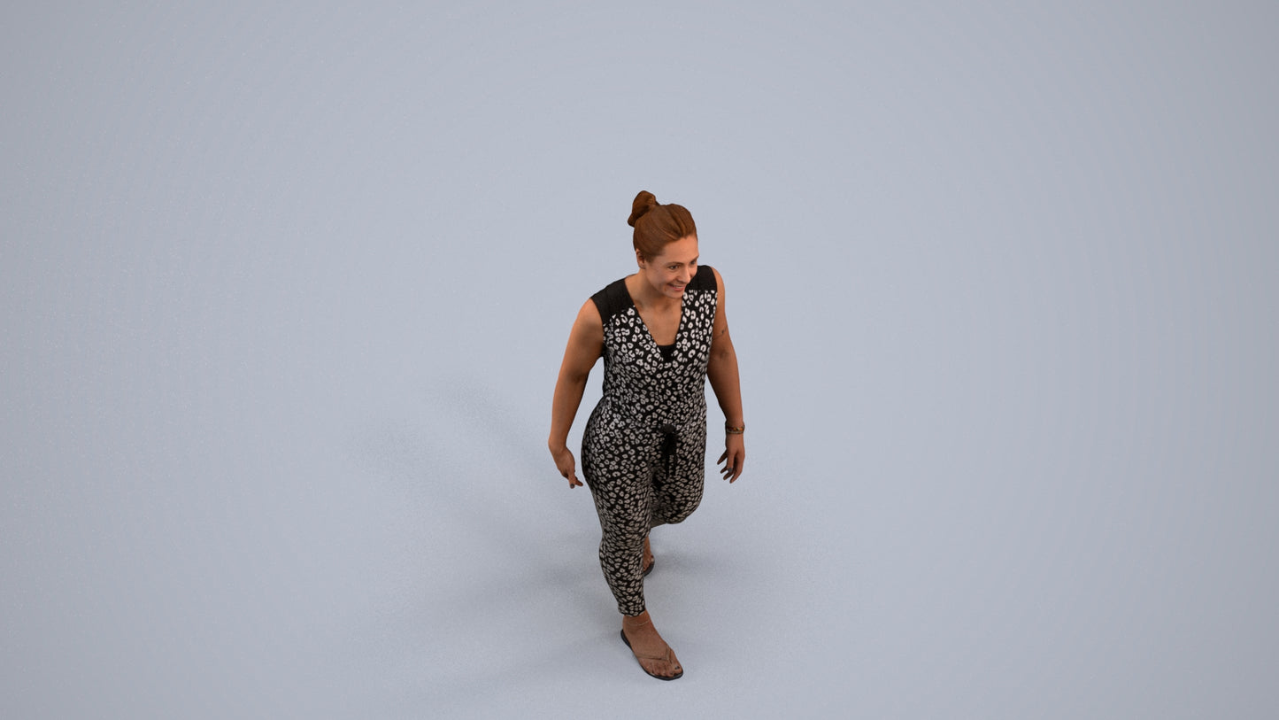 3D human model woman casual walking, photogrammetry scanned person for archviz, back view render