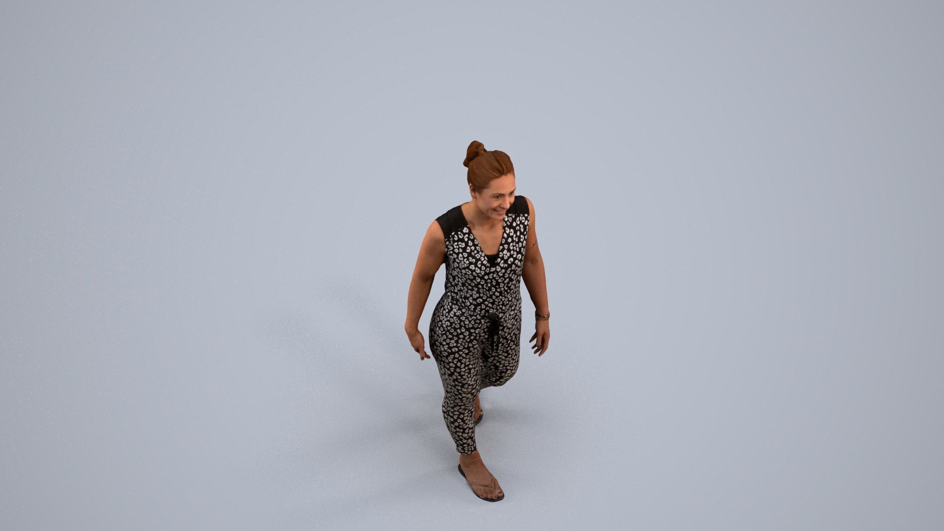 3D human model woman casual walking, photogrammetry scanned person for archviz, back view render
