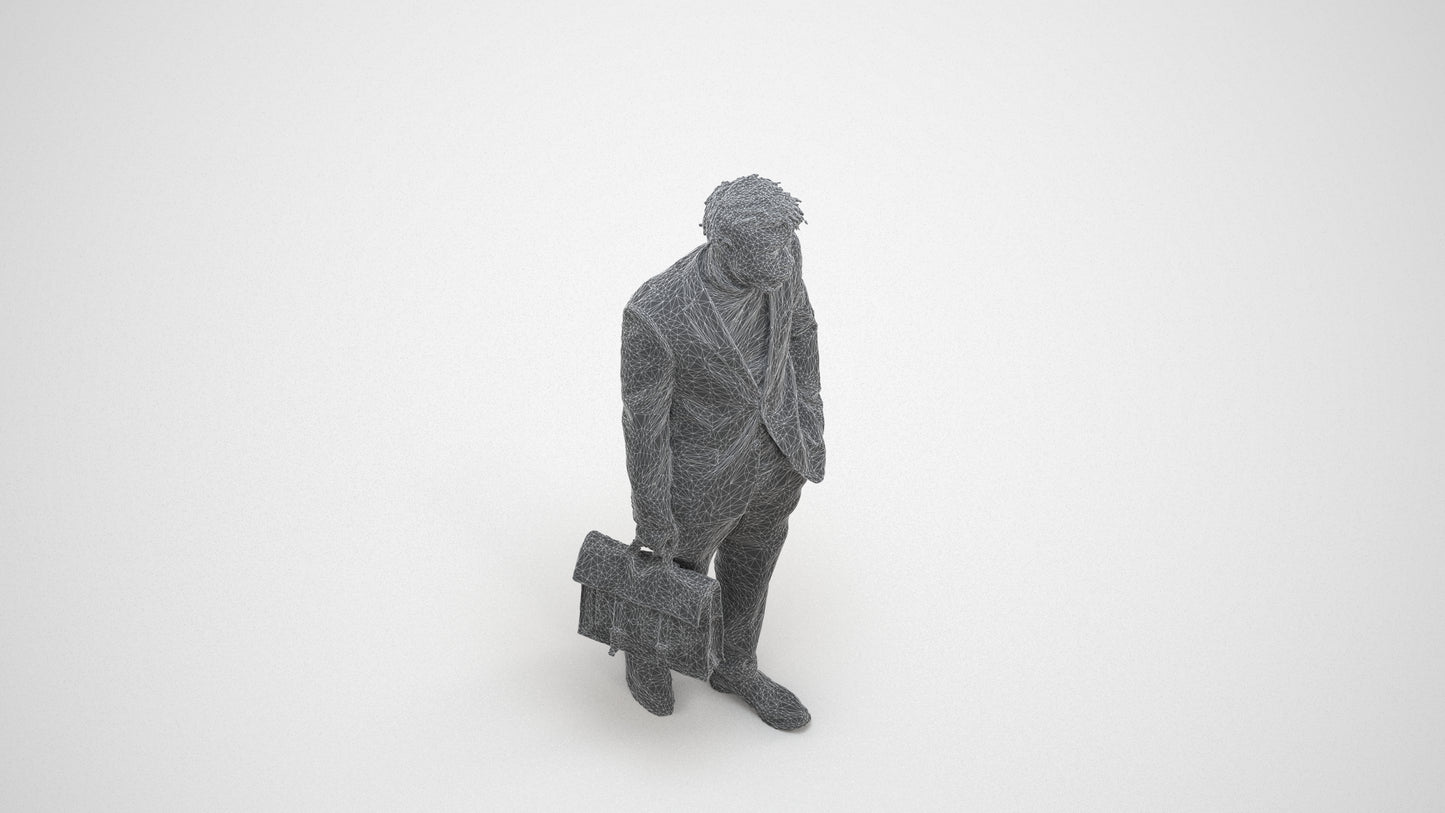 photogrammetry 3D man business walking, realistic human model archviz FBX, wireframe three-quarter view