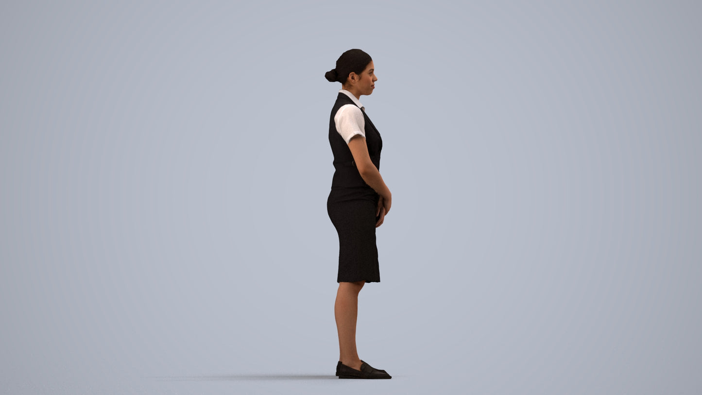 3D scanned woman hospitality, photorealistic archviz people for Enscape and SketchUp, side view render