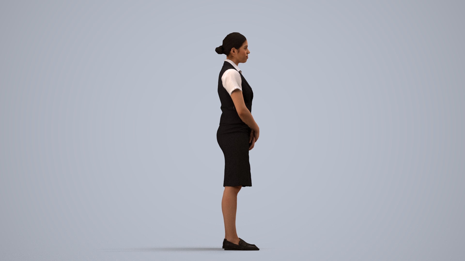 3D scanned woman hospitality, photorealistic archviz people for Enscape and SketchUp, side view render
